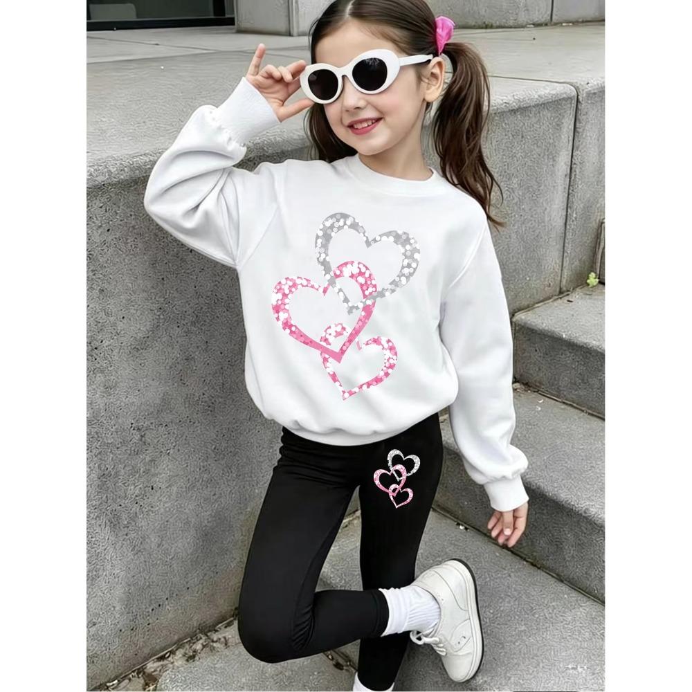 Girls' Cute Strawberry Casual Comfortable Soft Loose Pullover Sweatshirt and Leggings 2-Piece Set, New Autumn/Winter, Playful, Sweet and Cool Style