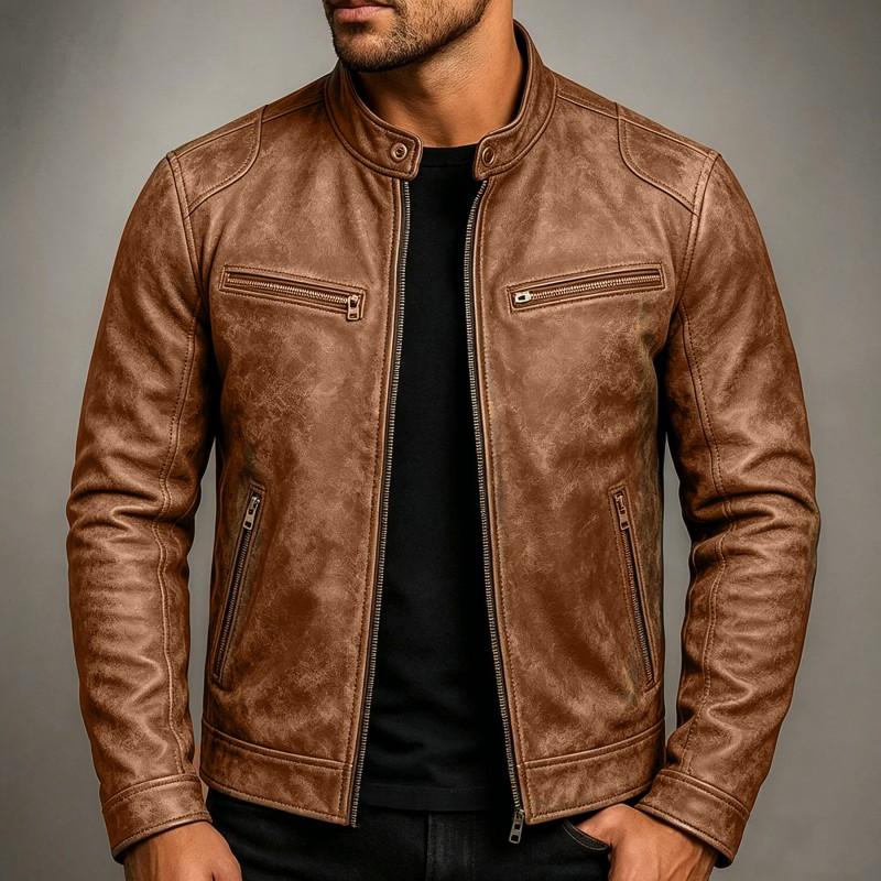 Mens Retro PU Leather Motorcycle Jacket Slim Fit Stand Collar Casual Biker Coat Wear