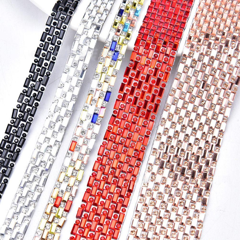 1PC/5Yard Fix Rectangle Self Adhesive Rhinestone Tape Multicolor Crystal Diamond Glitter Trim Ribbon DIY Belt Garment Shoes Bags