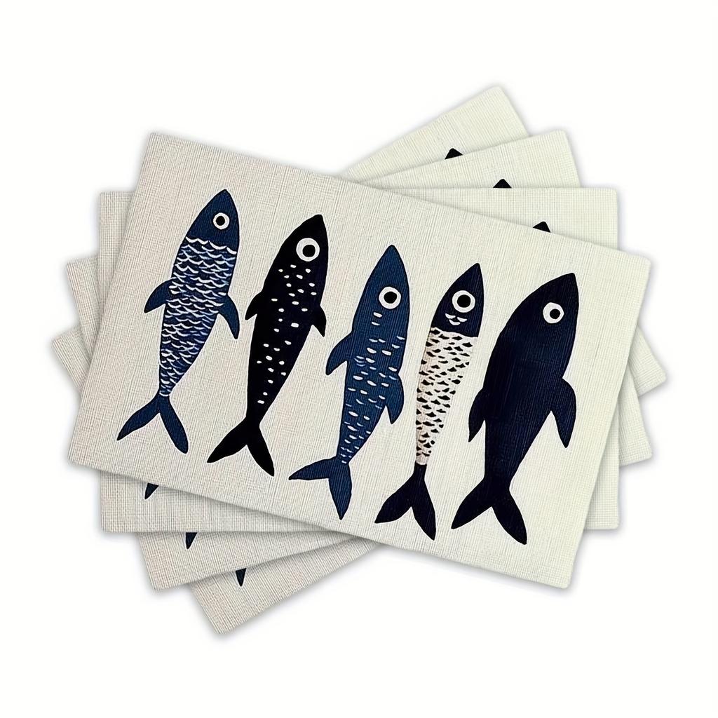 6-Piece Set Nordic Coastal Fish Pattern Placemats Machine Washable Table Mats Party Kitchen Dining Room Decor