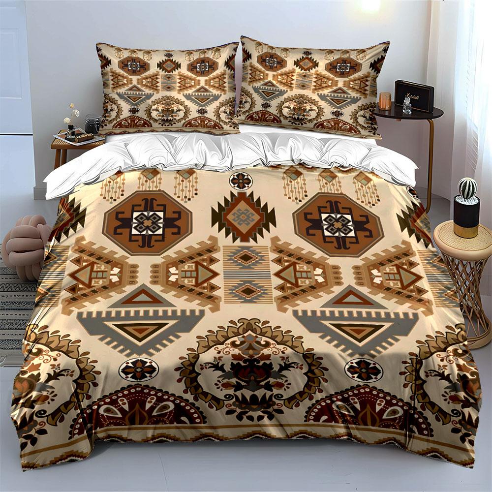 Retro Ethnic Geometric Patterns Bedding Set For Kids Luxury Gift 3Pcs Digital Print Comforter Set Soft Comfortable Breathable
