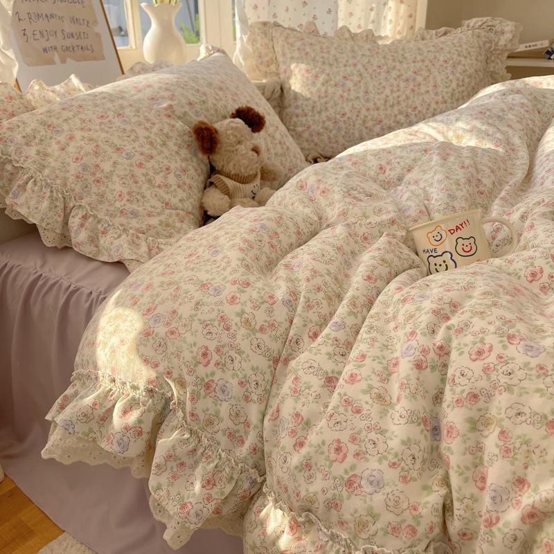Double Yarn Princess Wind Lace Bedding Four-piece Set Skin-friendly Breathable Washed Sheets Quilt Cover Pillowcase