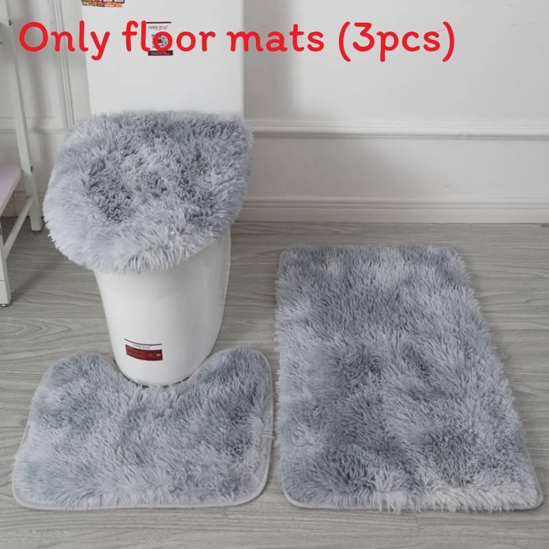 Non Dye Tie Slip Mat Fluffy Plush Bathroom Toilet Seat Cover Carpet 3 Piece Set