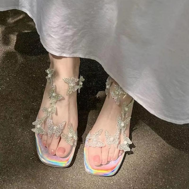 Fashion Rhinestone Sandals Women 2025 Summer New Fairy Wind Beautiful Fashion Butterfly Crystal Heel High Heel Half Slippers Outer Wear