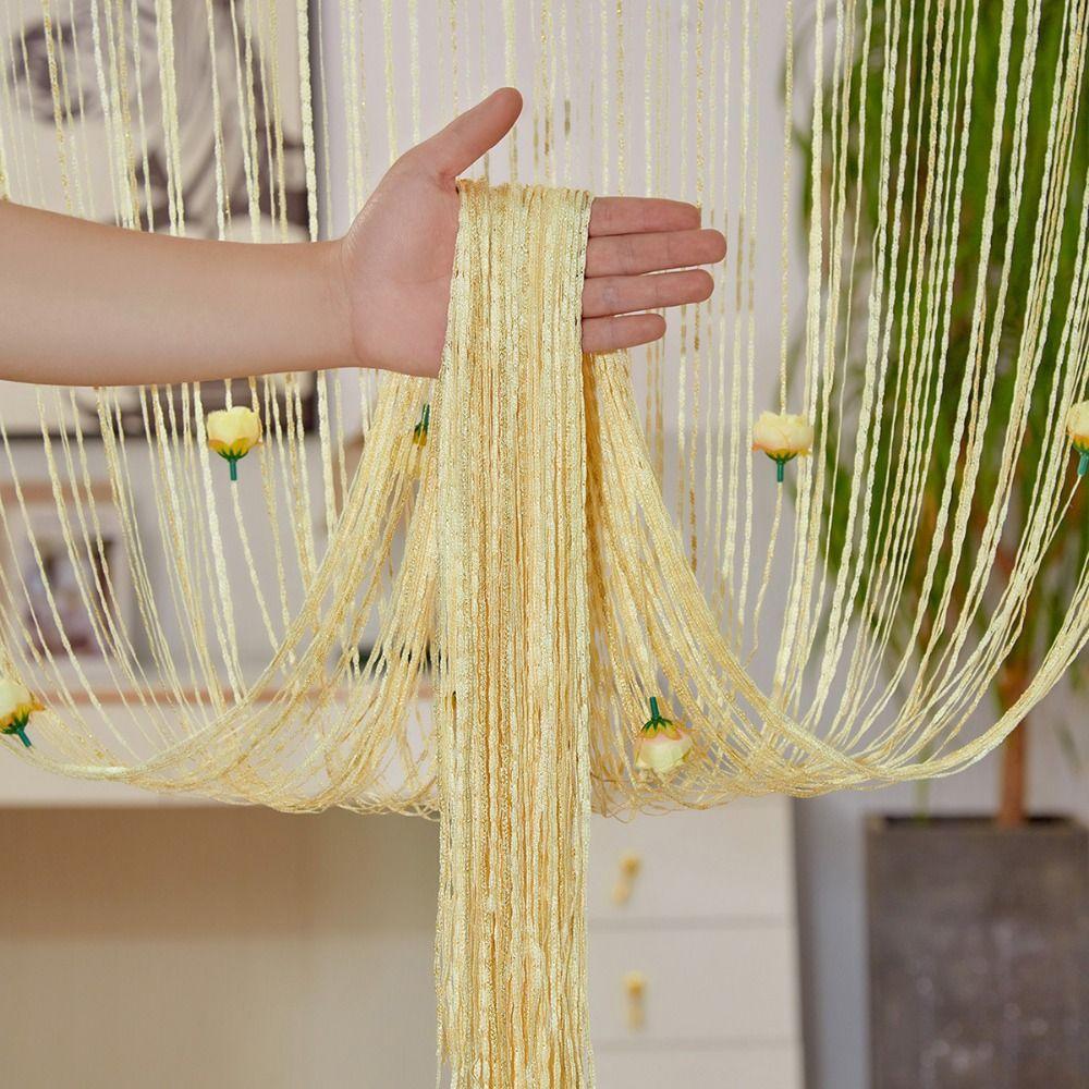 Solid Color Door Curtain Shiny Tassel Window Curtain Retro Rose Flower String Curtain  Home Decor