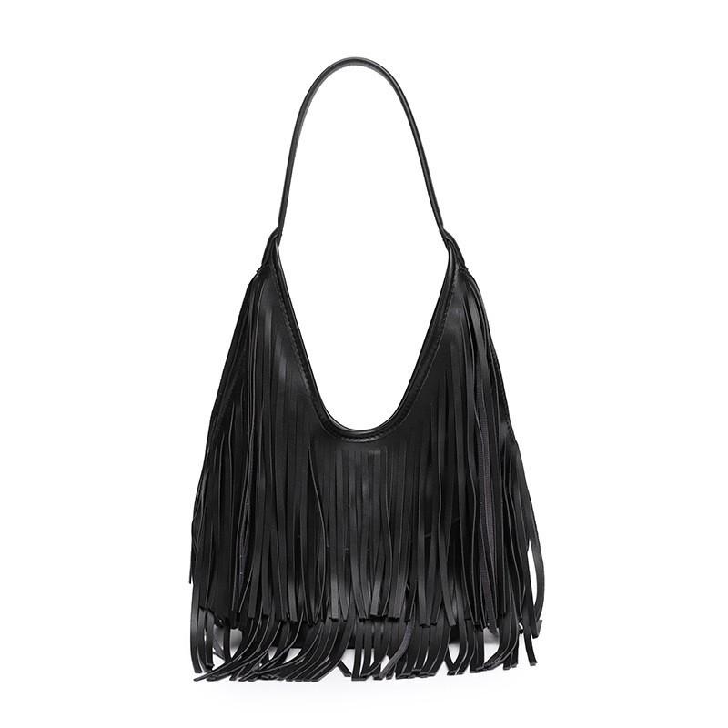 

Vintage Tassel Pressed Down Female Bag Niche Design Suede Shoulder Lazy Commuting All-match Tote 23x2x28 чёрный