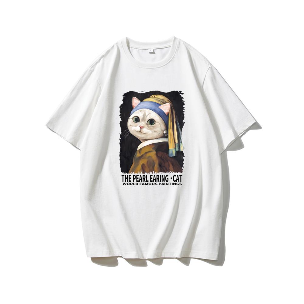 Cute Fun Cat Men's Printed Short Sleeve Summer Casual Versatile Street Atmosphere T-Shirt Cool Breathable Oversized Top