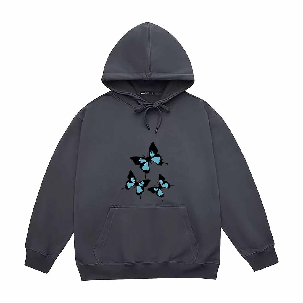 Autumn and Winter Black and Blue Butterfly Print Hoodie Sweatshirt for Men and Women Couples Korean Style Trendy Tops