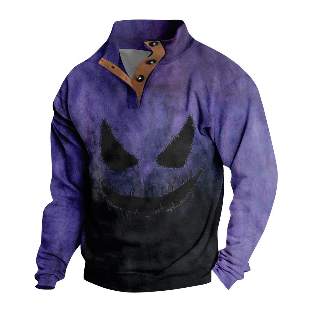 Men's Casual Fashion Christmas Printed Hoodless Sweatshirt Wide Men's Loose Button Stand Collar Hooded Sweatshirt