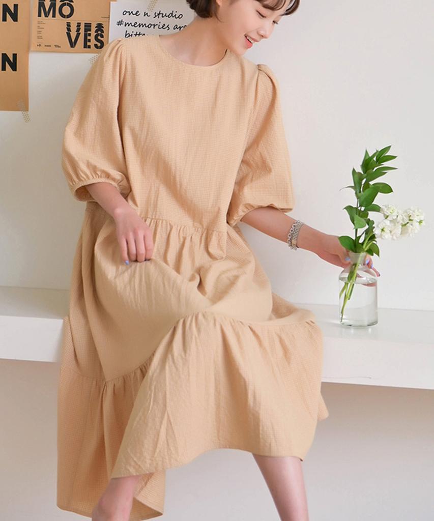 Ppaeppae Small Check Puff Sleeve Tiered Long Dress