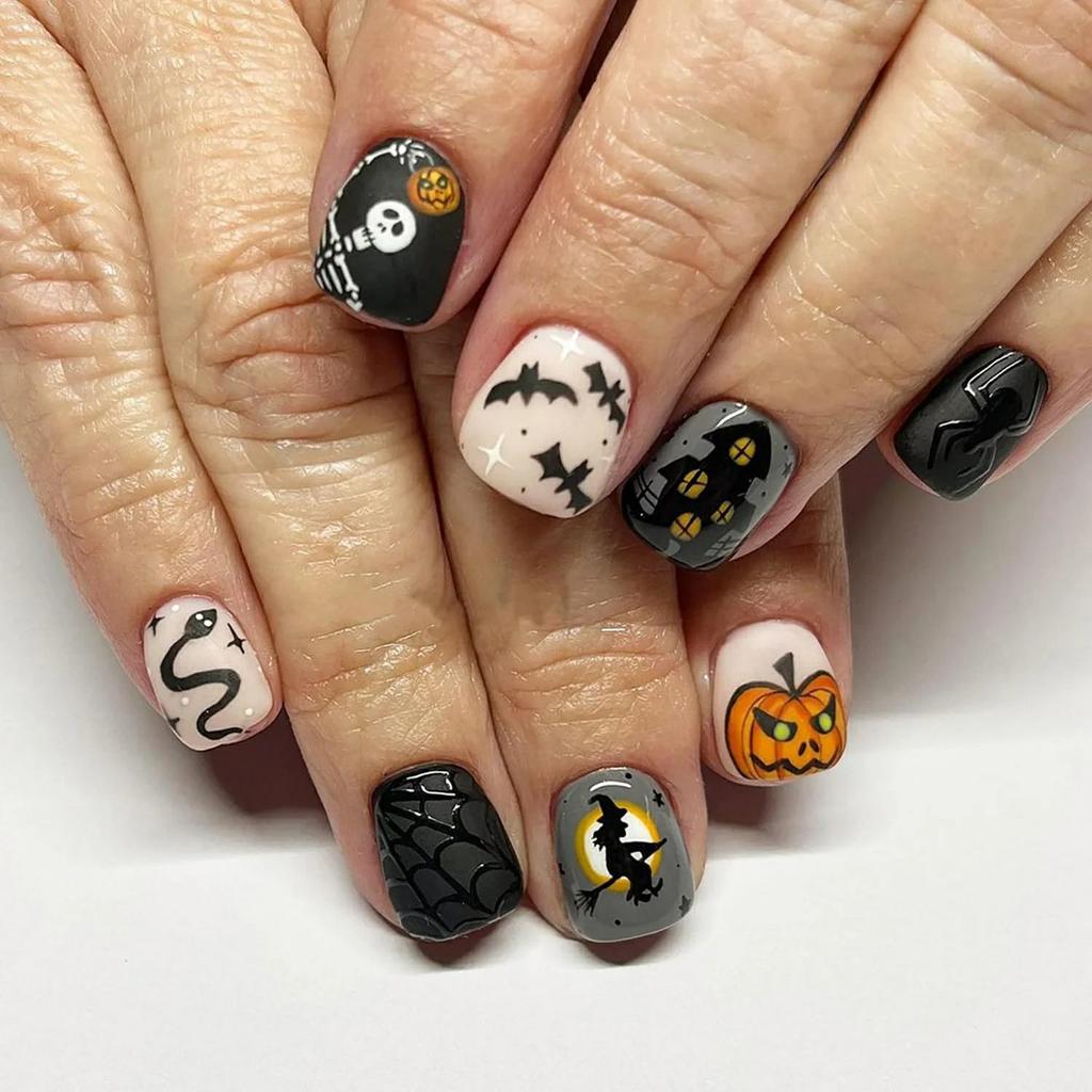 24 Pc Halloween Press On Nails Short Square Fake Nails Cute Designs Glossy False Nails Halloween Nails Cute Full Cover Glue