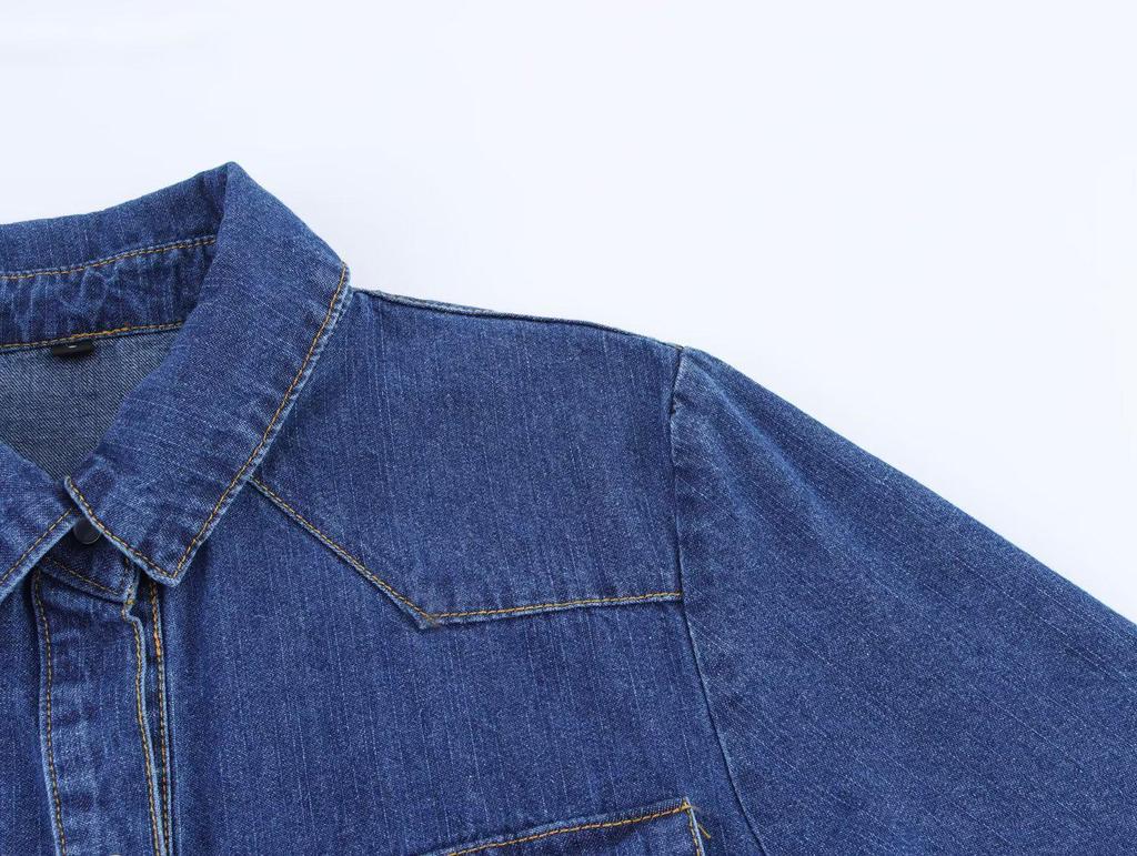 Spring 2025 Women's Denim Set: Turn-Down Collar Shirt & Belted Wide-Leg Jeans