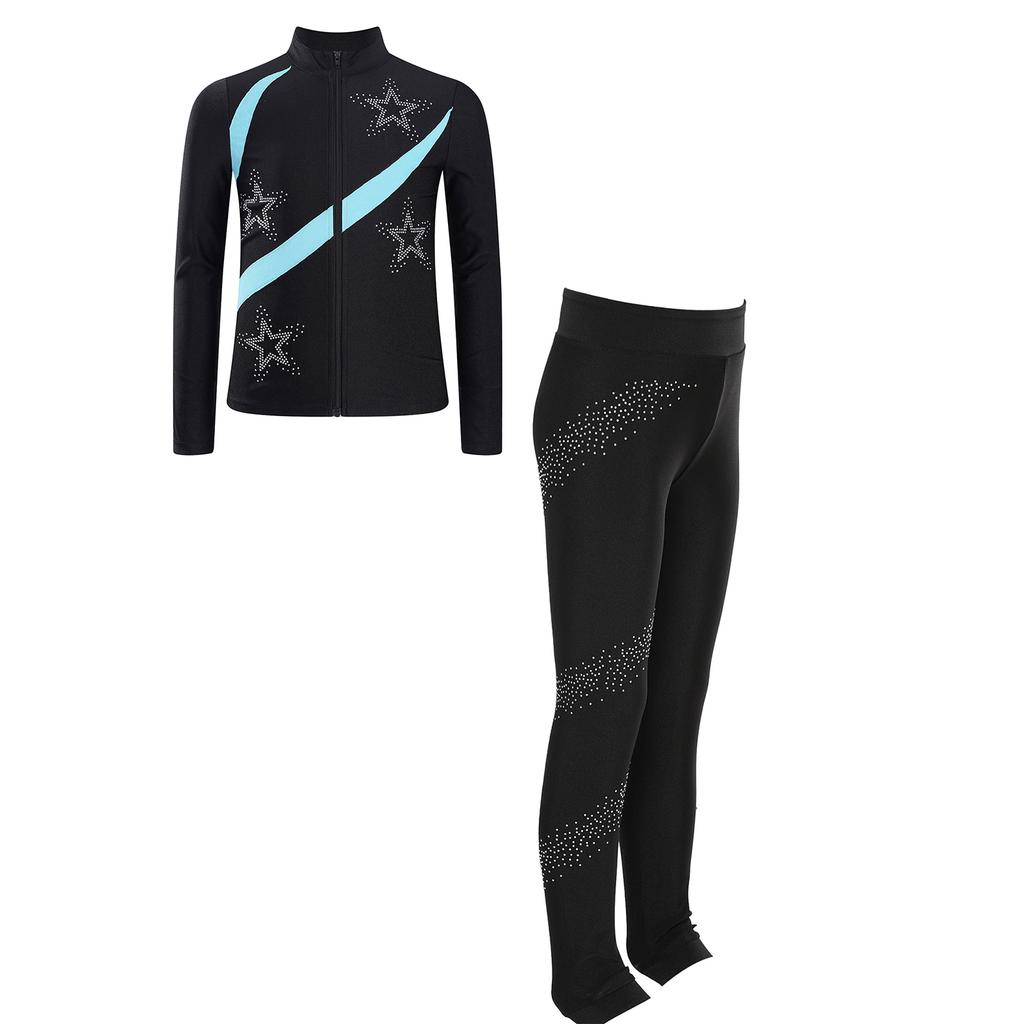 Mädchen Eiskunstlauf Outfit Kontrastfarbe Langarm Stehkragen Reißverschluss Sweatshirt Strasssteine Verziert Leggings Set