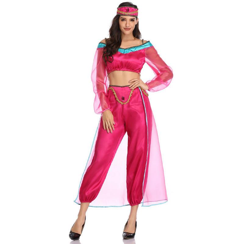 

Womens Gorgeous Arabian Magenta Mesh Spliced Costume For Performances Dance