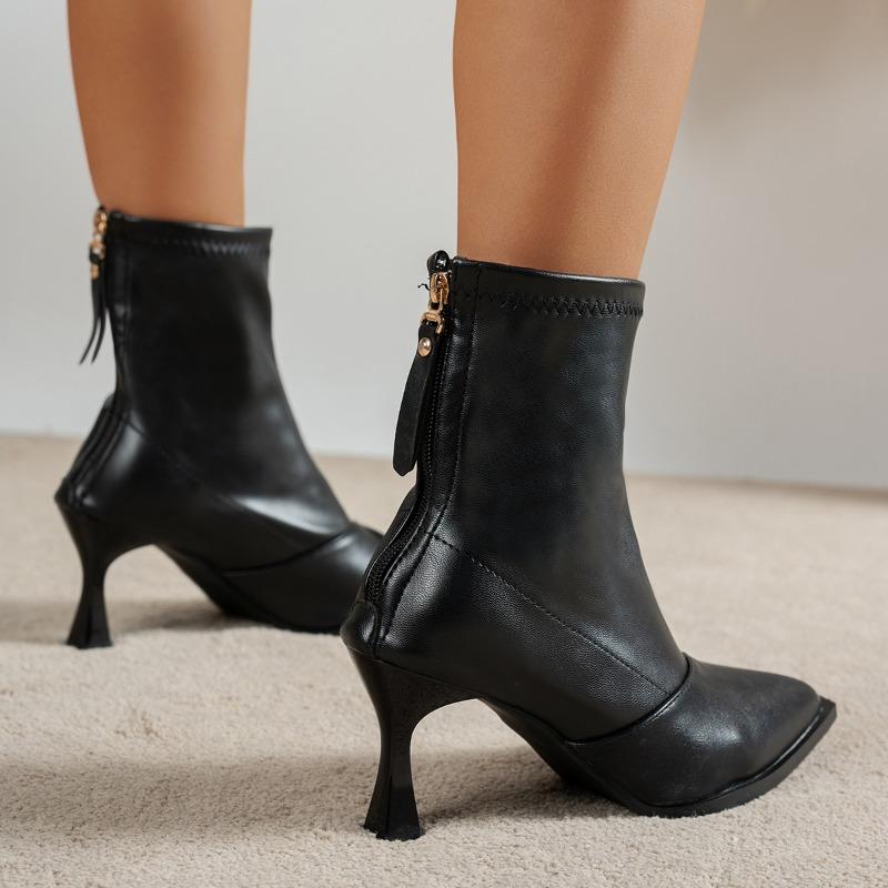 French Pointed Toe High Heel Booties Women Fall/Winter  New Versatile Stiletto Heel Stretch Skinny Boots Naked Boots