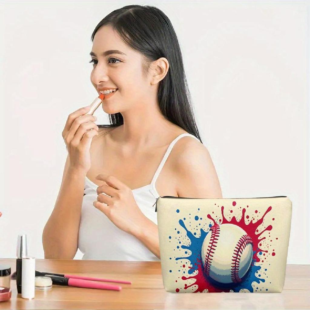 A Baseball-shaped Makeup Bag With Red And Blue Paint Dot Pattern- Multifunctional Zipper Pouch, Jewelry Storage Bag