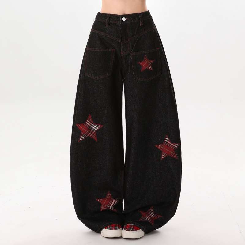 

Джинсы JYL Унисекс Bootcut Со Звездой Перевернутый Дизайн Свободные Широкие High-Street Деним 3XL амарантовый