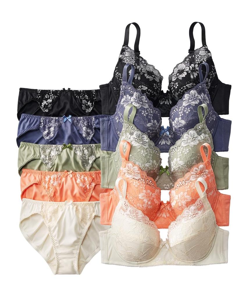 Nissen Innerwear of Deep Cup Knit Lace Bra and Panties for a Stable Set 5-Pack 3/4 Fit, G90/3L-4L