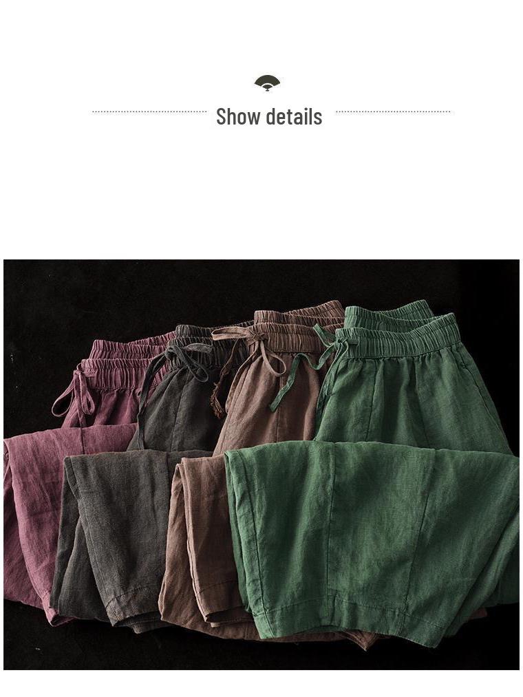 Damen Haremshose aus Baumwolle und Leinen mit elastischem Bund - Retro Patchwork, Lockerer Schnitt, Fließender Laternenstil für den Sommer