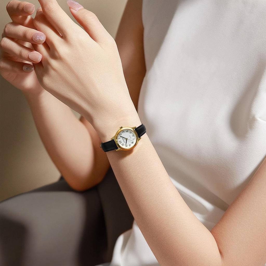 PINDOWS Slim Minimalist Quartz Analog Watch with Black Leather Strap and Case A Stylish and Elegant Everyday Watch Women's Gold-Tone -