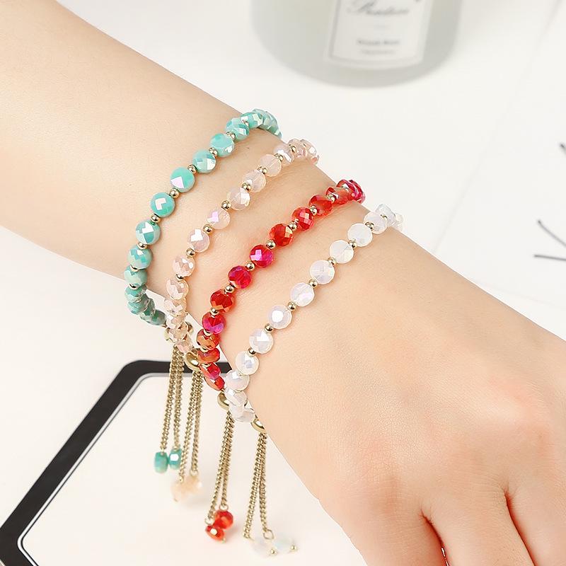 

18K Gold & Stainless Steel Crystal Beads Waterproof Retractable Women s Bracelet