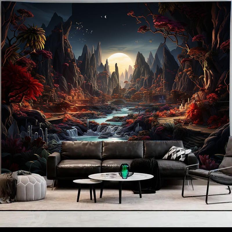 Moon Night Forest Wall TapestryEnchanted Wonderland Glow the Dark Trees Mountain River Nature Landscape Room Decor Tapestries