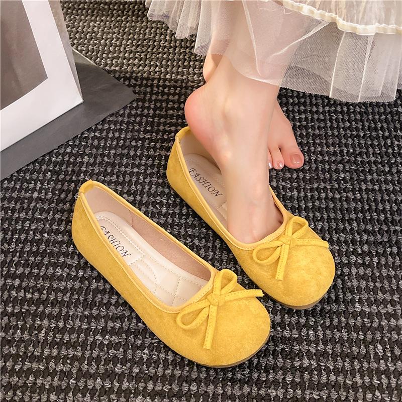 

Macaron Gentle Soft Sole Ballet Shoes Light Mouth Flat Bottom Bow Frosted Fleece Round Head Single Shoes Paddle Shoes 35 бежевий