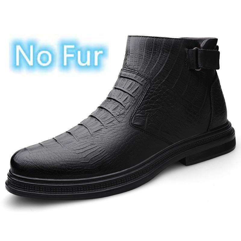 Genuine Leather Mens Ankle Boots Super Warm Business Boots Crocodile Pattern Warm Plush Fur Winter Boots Luxury Brand Male Shoes