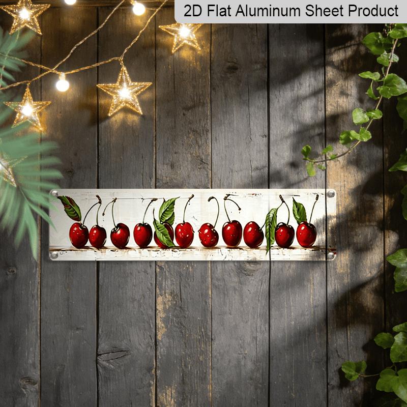Vintage 2D Flat Wall Decoration - Red Cherries and Green Leaves in Metal - Durable Aluminum Sign for Kitchen, Café, or Dining Room - Rustic Farmhouse