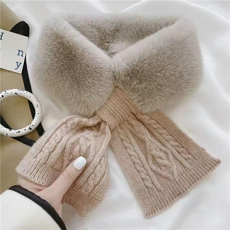Knitted Scarf Women's Autumn and Winter Knitted Versatile Plush Imitation Rex Rabbit Fur Cross Scarf Solid Color Thickened Neck Guard Fur Collar