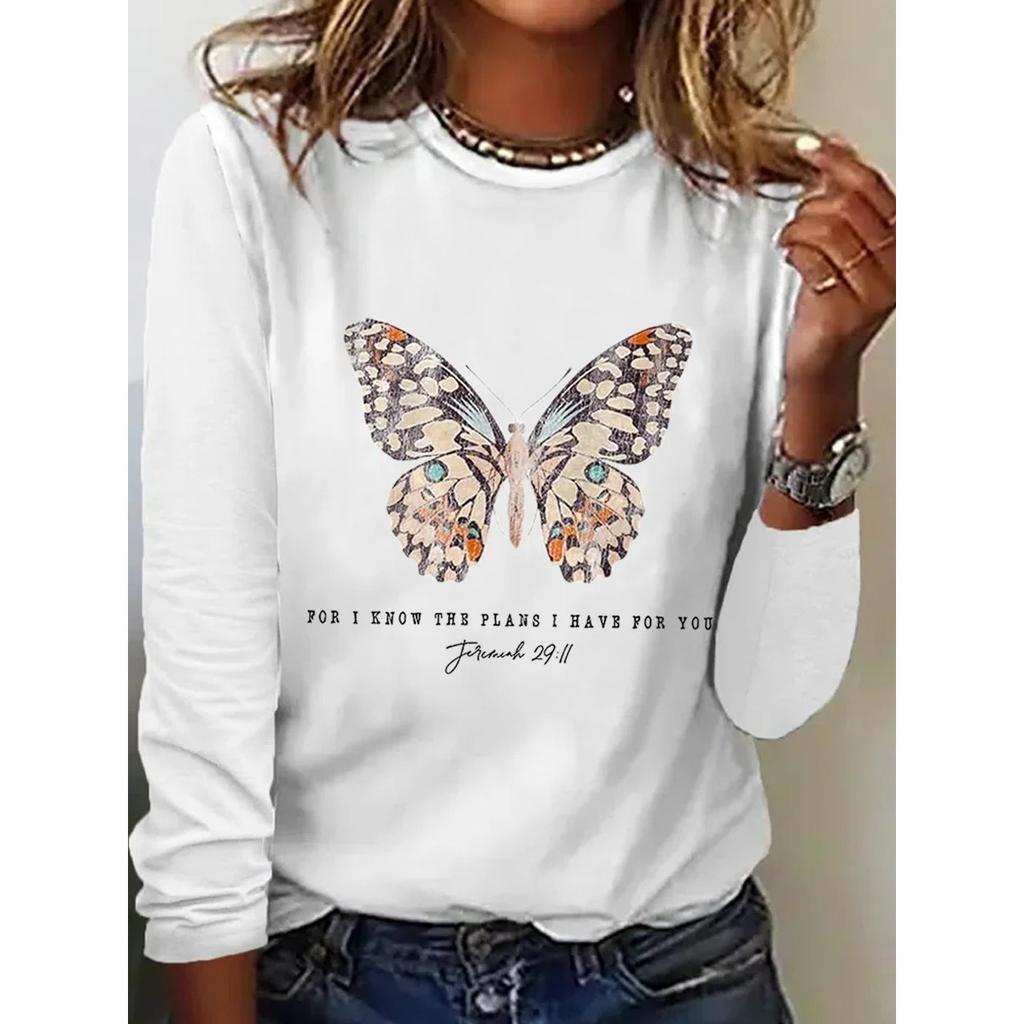 Round Neck 3D Printed Butterfly Pattern Top Fashionable Casual Long Sleeved Women's T-shirts
