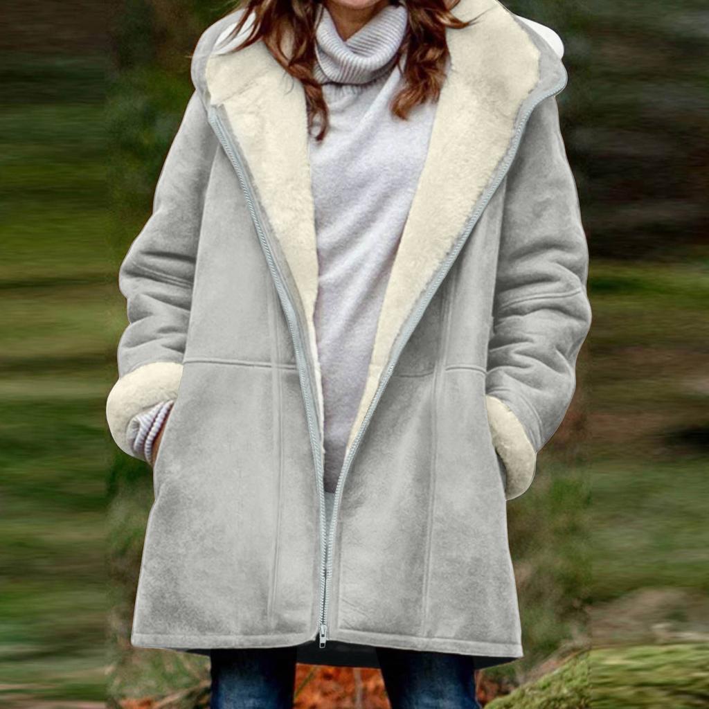 Women's Fashionable Color Warm Coat Long Sleeved Zipper Loose Hooded Plush Jacket