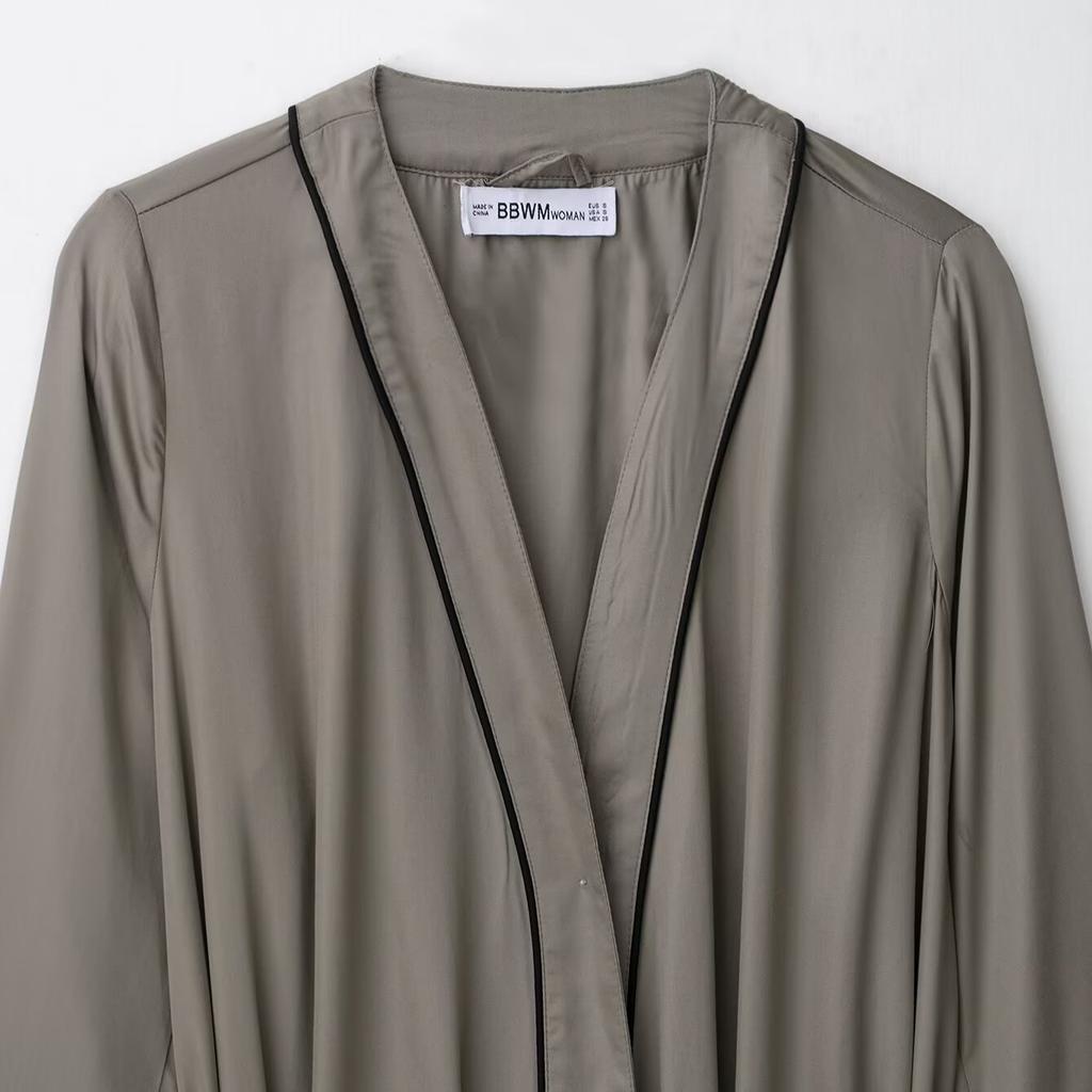 Women's Clothing Autumn New, European and American Style Fashion Simple Loose Satin Lace-up Long-sleeved Nightgown Dress