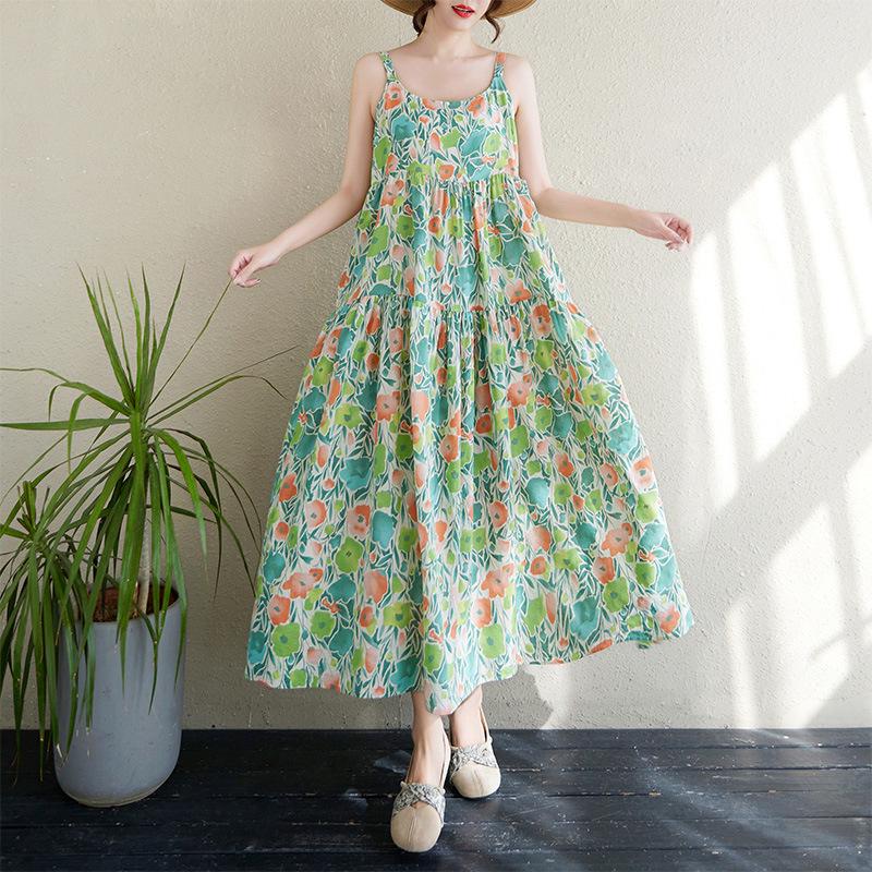 Summer Thin Print Patchwork Maxi Dress with Loose Slimming Fit and Large Hem
