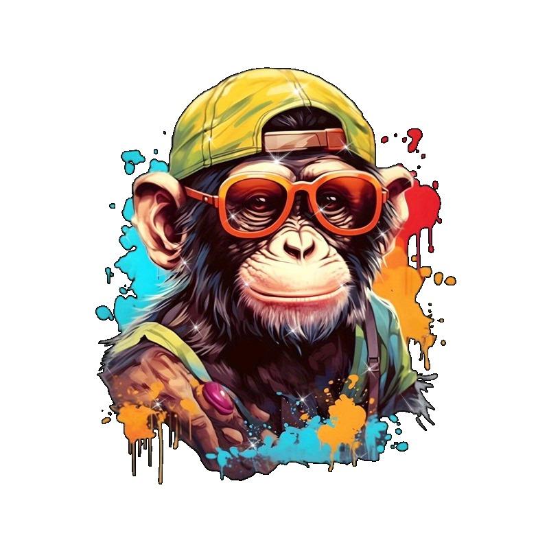 Black T Shirt with Monkey Wearing Cap and Sunglasses Print for Casual Wear