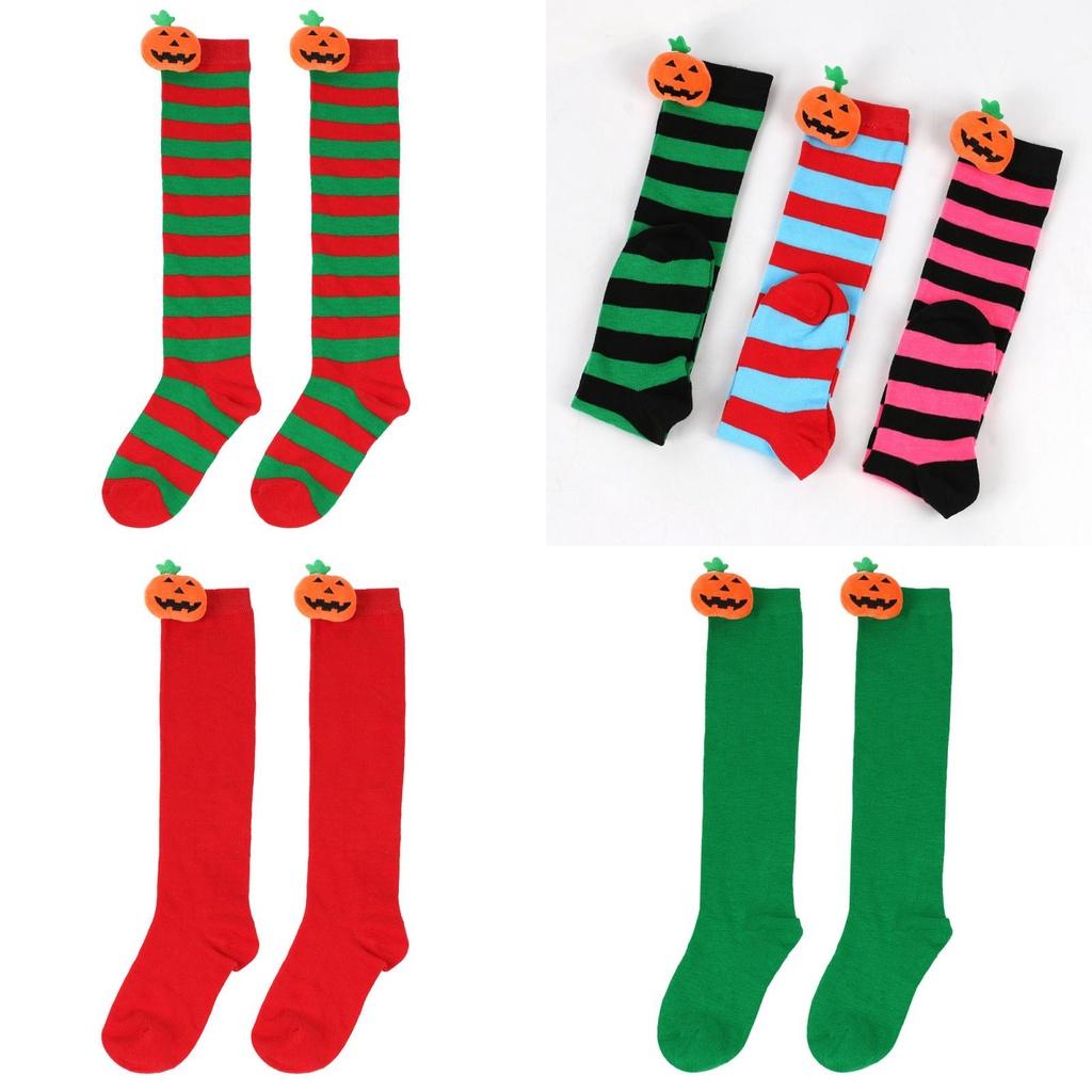 Cute Cartoon Pumpkin Doll Long Tube Socks For Kids Polyester Fabric Friction-resistant Striped/plaid Pattern Packaged In A Bag