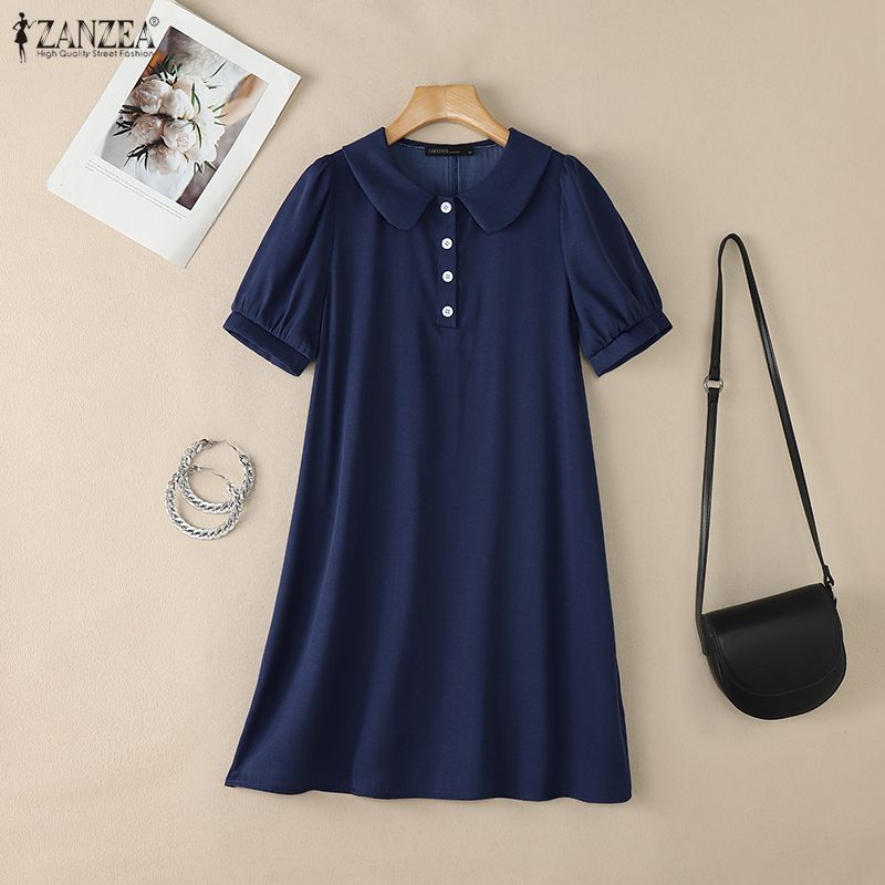 ZANZEA Women Elegant Doll Collar Solid Color Casual Short Sleeve Dress