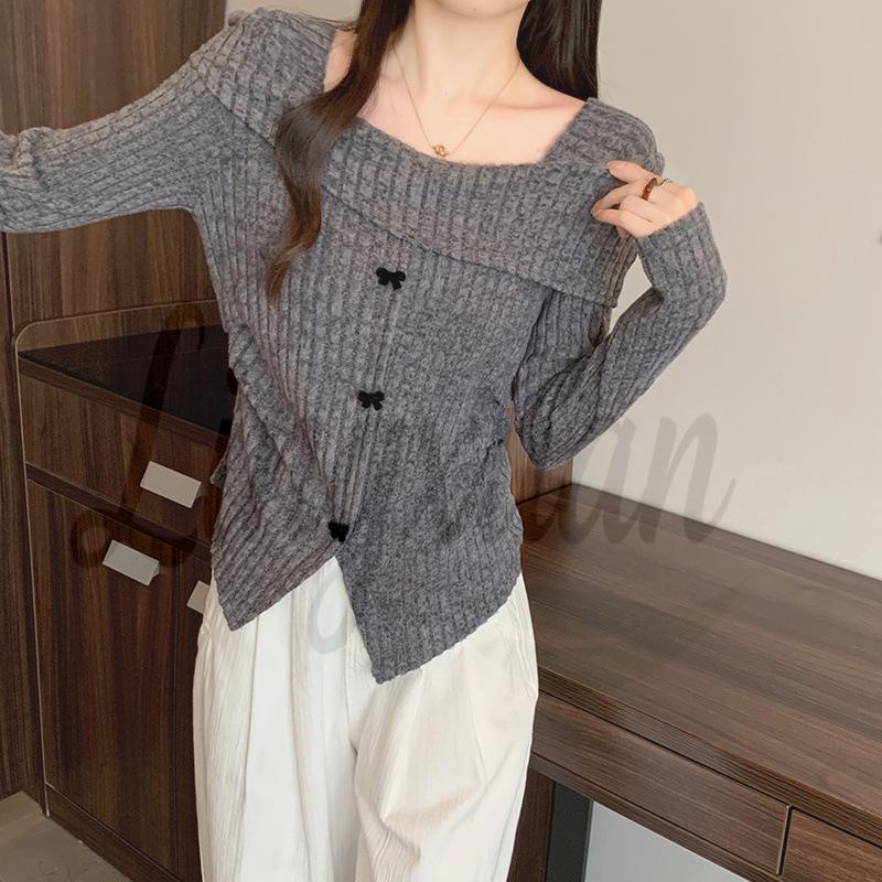 2026 Spring Women s Plus Size French Square Neck Bow Ribbed Knit Top 3XL
