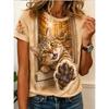 Moda Feminina Retro Criativo Estampa de Gato Camiseta Divertida Casual Gola Redonda Manga Curta Camiseta de Verão Feminina