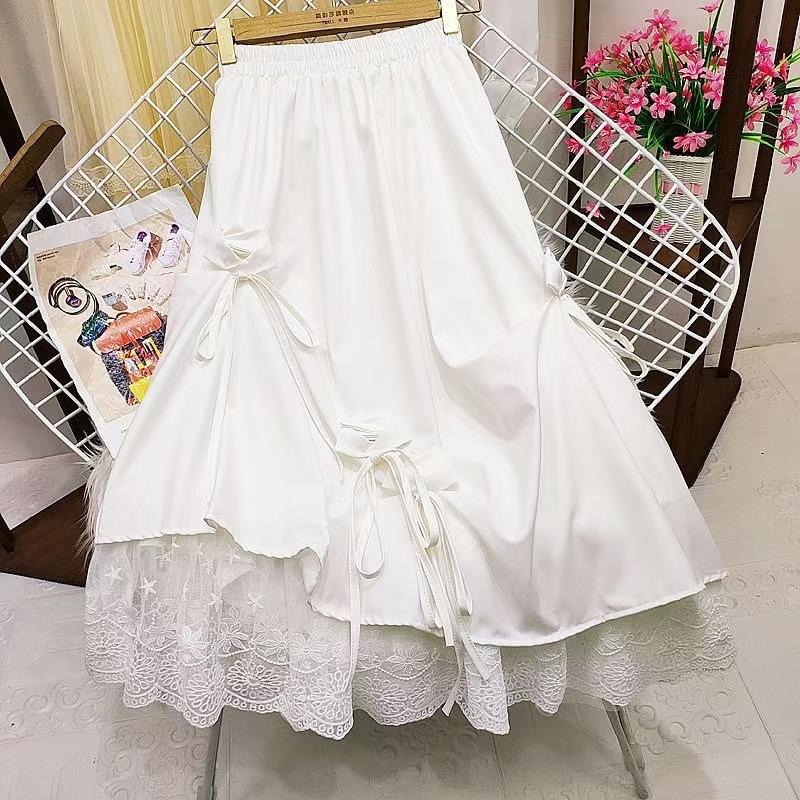 Fashion Women's Japanese Style Dull Black Long Dress High-Waisted Bow Spliced Lace A- Line Mid-Length Skirt Female