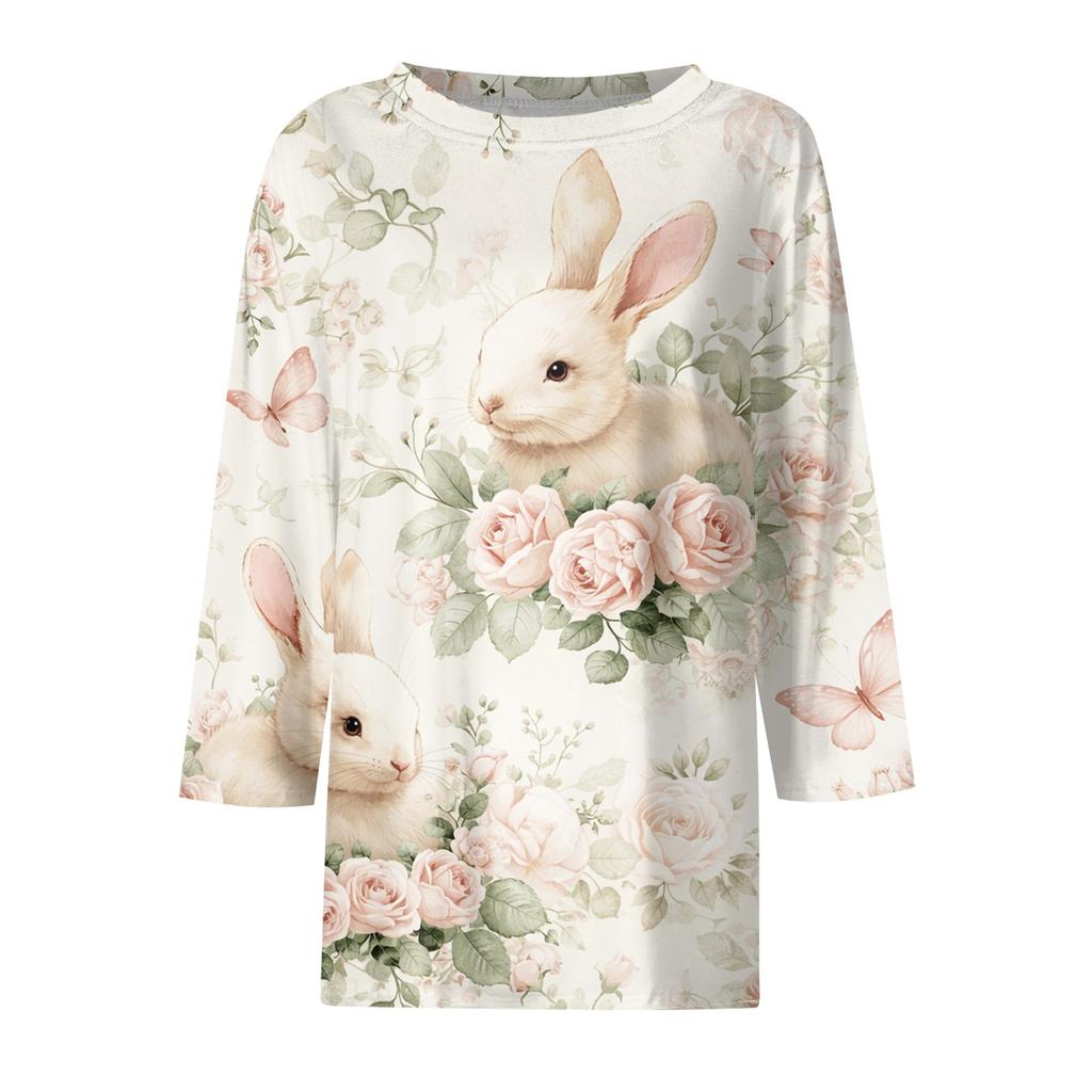 Women's Fashion Casual Sleeve Easter Elements Print Round Neck Top