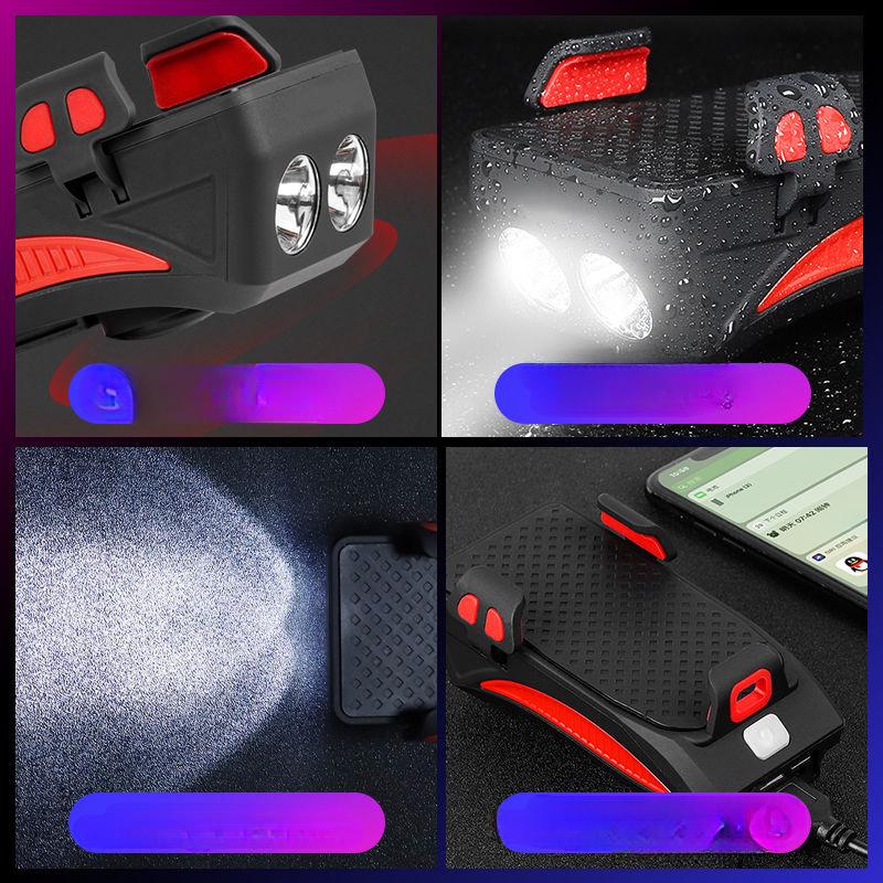Przednia lampka rowerowa 4 w 1 Ładowanie Mocne światło Nocna lampka do jazdy z klaksonem Rowerowy uchwyt na telefon komórkowy Akcesoria do sprzętu jeździeckiego