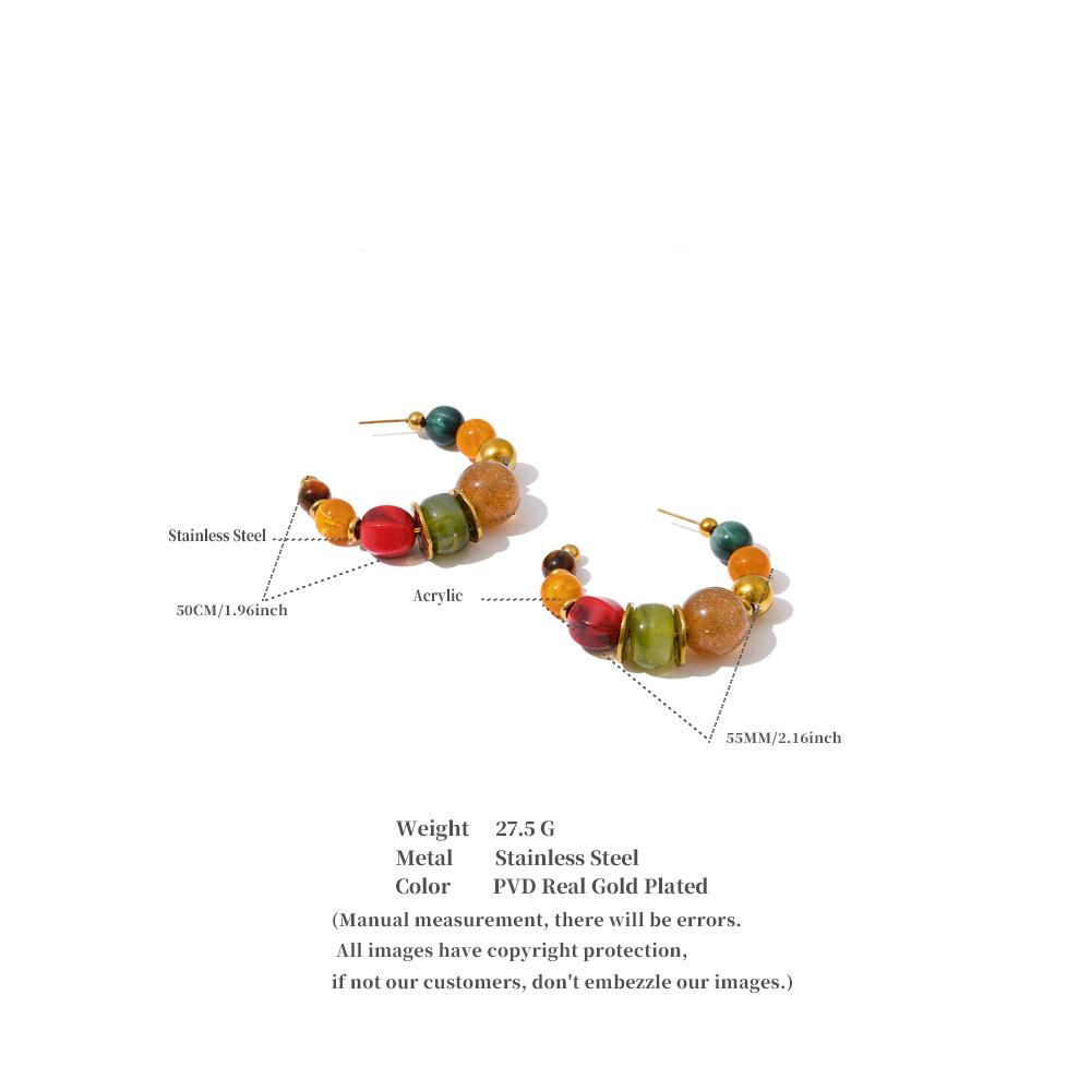 Yhpup French Colorful Acrylic Beads C-Shape Huggie Earrings Tarnish Resistant Stainless Steel Fashion Handmade Charms Jewelry