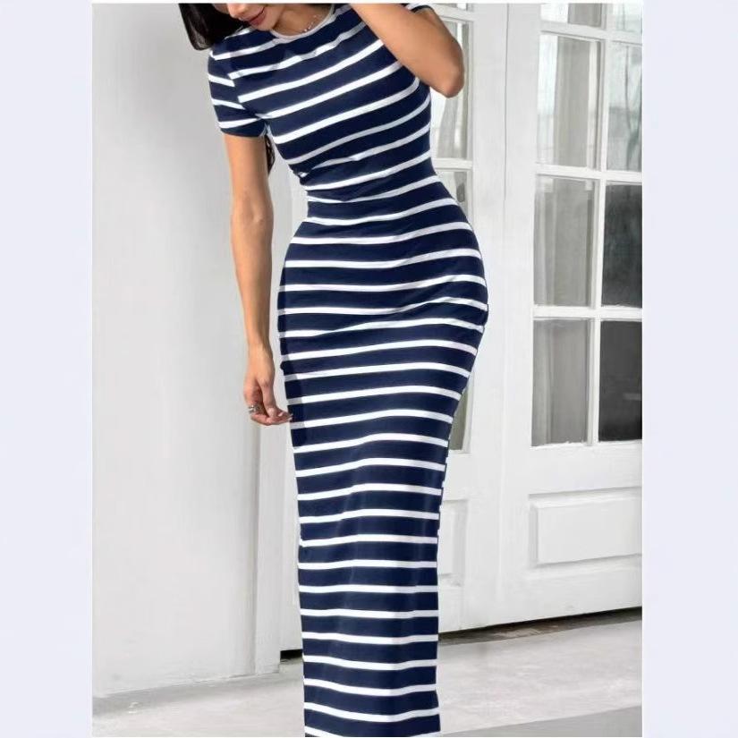 New European and American Printed Knitted Striped Long Women's Dress
