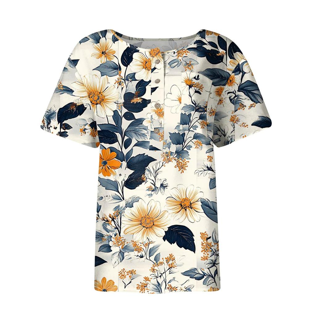 Dámská móda ležérní halenka s potiskem s kulatým výstřihem a krátkým rukávem