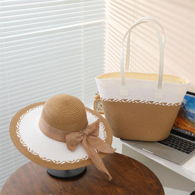 Set Cappello di Paglia e Borsa Tote Con Protezione Solare per Spiaggia e Attività all'Aperto