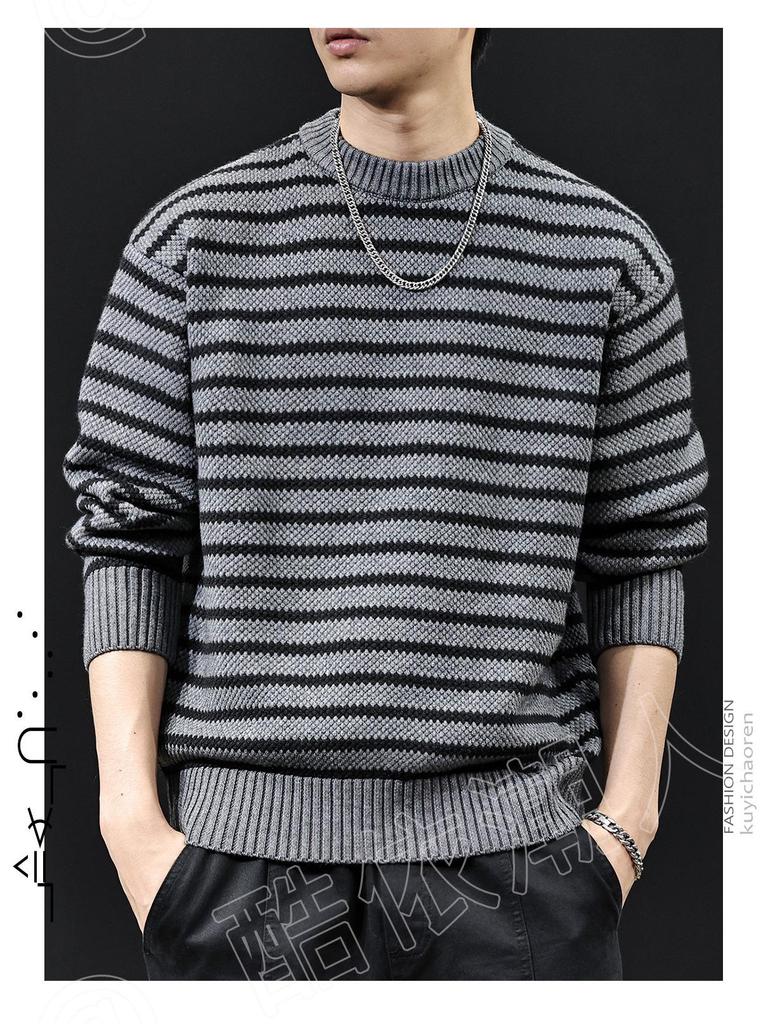 2025 Men's American-Style Striped Knit Sweater: Round Neck, Thick, Plus Size, Warm Autumn/Winter Layer