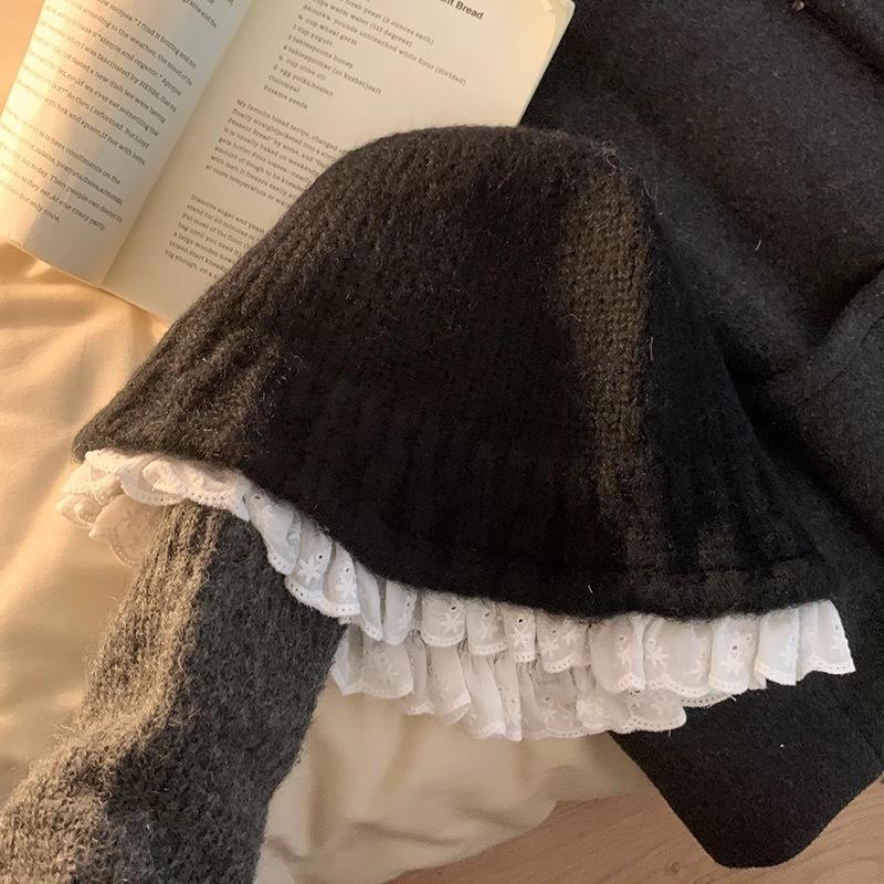 Lace Lace Knitted Bucket Hat Women Autumn and Winter Small Face Wool Hat Big Head Circumference Plush Hat Winter