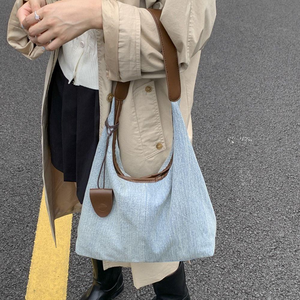 Harajuku Denim Tote Bag Korean Style Commuting Underarm Bag Leisure Canvas Shoulder Bag  Lady