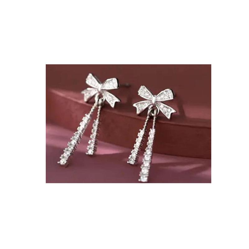 Korean Style Bow Tassel Earrings for Women - Elegant Diamond-Studded Jewelry